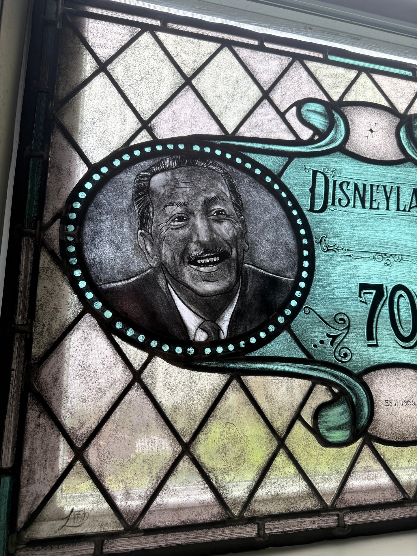 Unique Disneyland 70 Year Anniversary Stained Glass Window – Walt & Roy Collector’s Art Tribute