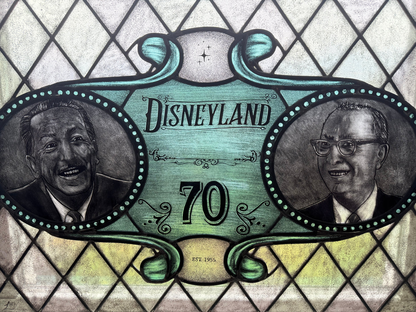 Unique Disneyland 70 Year Anniversary Stained Glass Window – Walt & Roy Collector’s Art Tribute