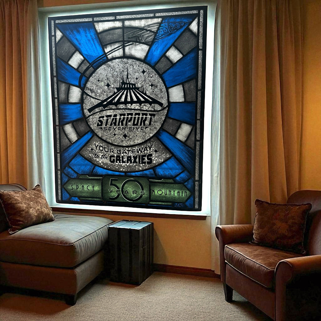 Disney Space Mountain 50th Anniversary stained glass panel in a living room window, custom leaded glass art with rocket and stars.